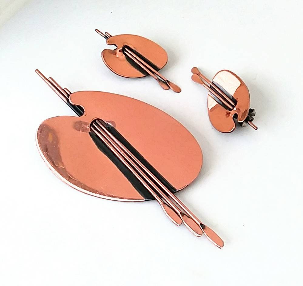 1950Er Jahre Renoir Kupfer Künstler Maler Palette Demi Parure Ohrringe Brosche Set von VintageMinks