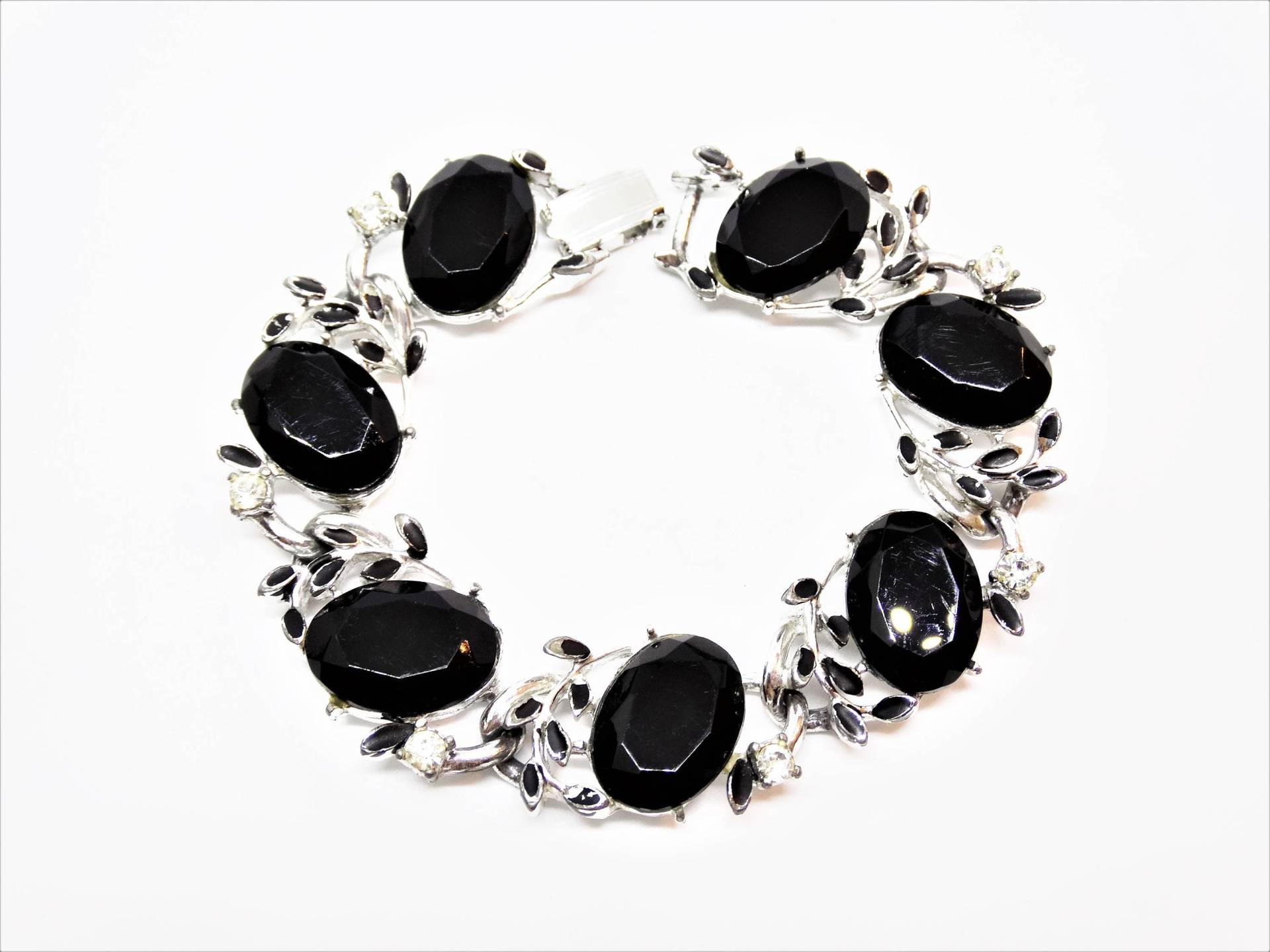 1960Er Jahre Schwarz Emailliertes Silber Ton Metall Blatt Armband Strass Glas von VintageMinks