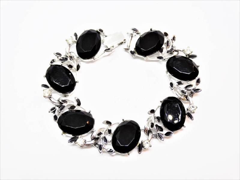 1960Er Jahre Schwarz Emailliertes Silber Ton Metall Blatt Armband Strass Glas von VintageMinks