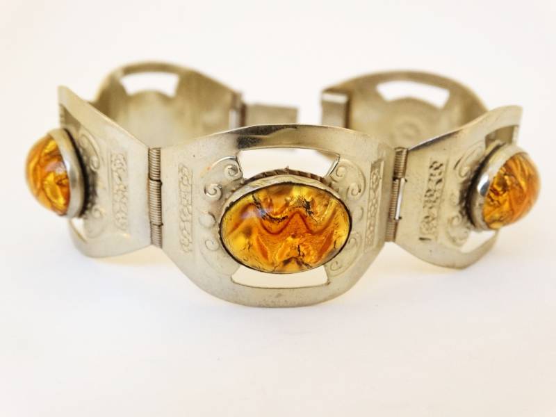 Vintage Alpaka Silber Link Glas Cabochon Tigerauge Schlangenauge Armband Made in Mexico von VintageMinks