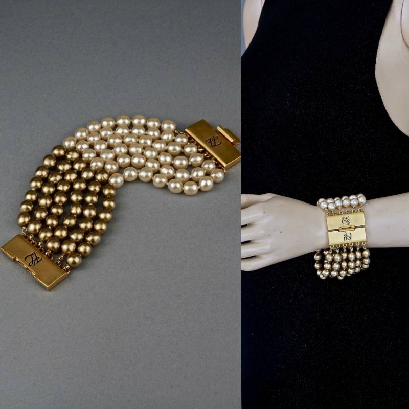 Vintage Karl Lagerfeld Kl Logo Multi Strand Zweifarbige Perlen Manschette Armband Vintage Karl Lagerfeld Kl Logo Multi Strand Zweifarbige Perlen Manschette Armband von VintageNMode