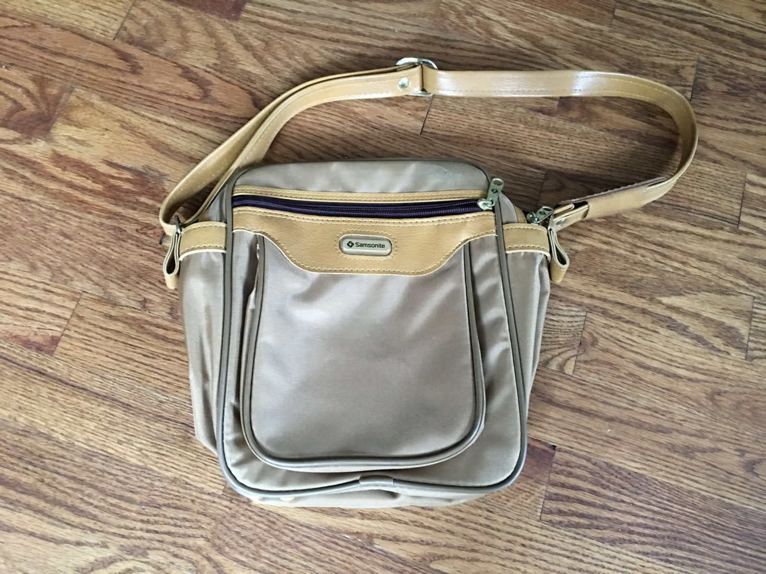 Samsonite Vintage Tan Beige Handtasche Carry Auf Tote Messenger Bag - Nylon/Leder von VintageNickels
