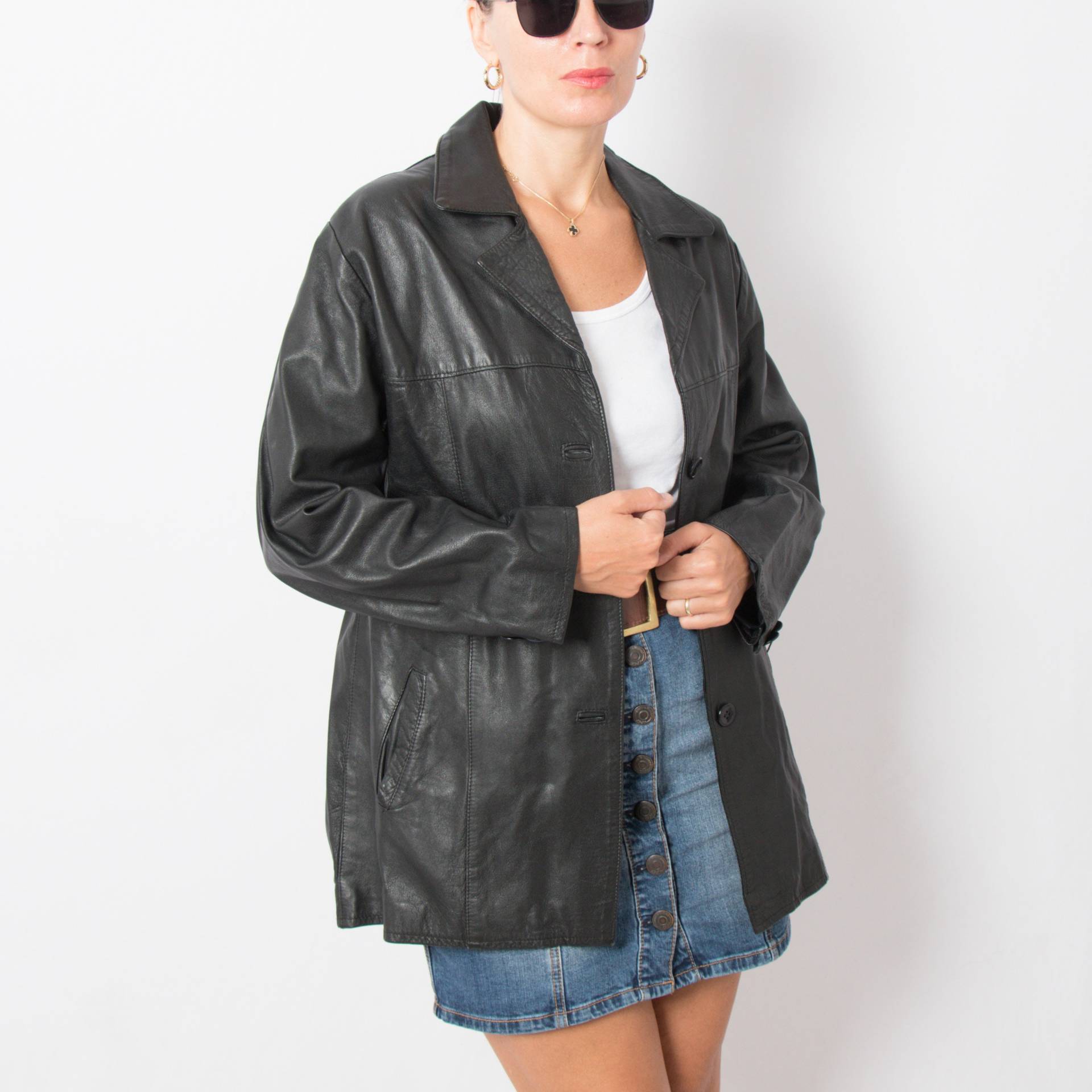 90Er Jahre Lederjacke Schwarz Lange Leder Blazer Damen Grunge Jacke Mittelgroß Geschenk Für Jahrestag, Weihnachten, Geburtstag von VintageNr5