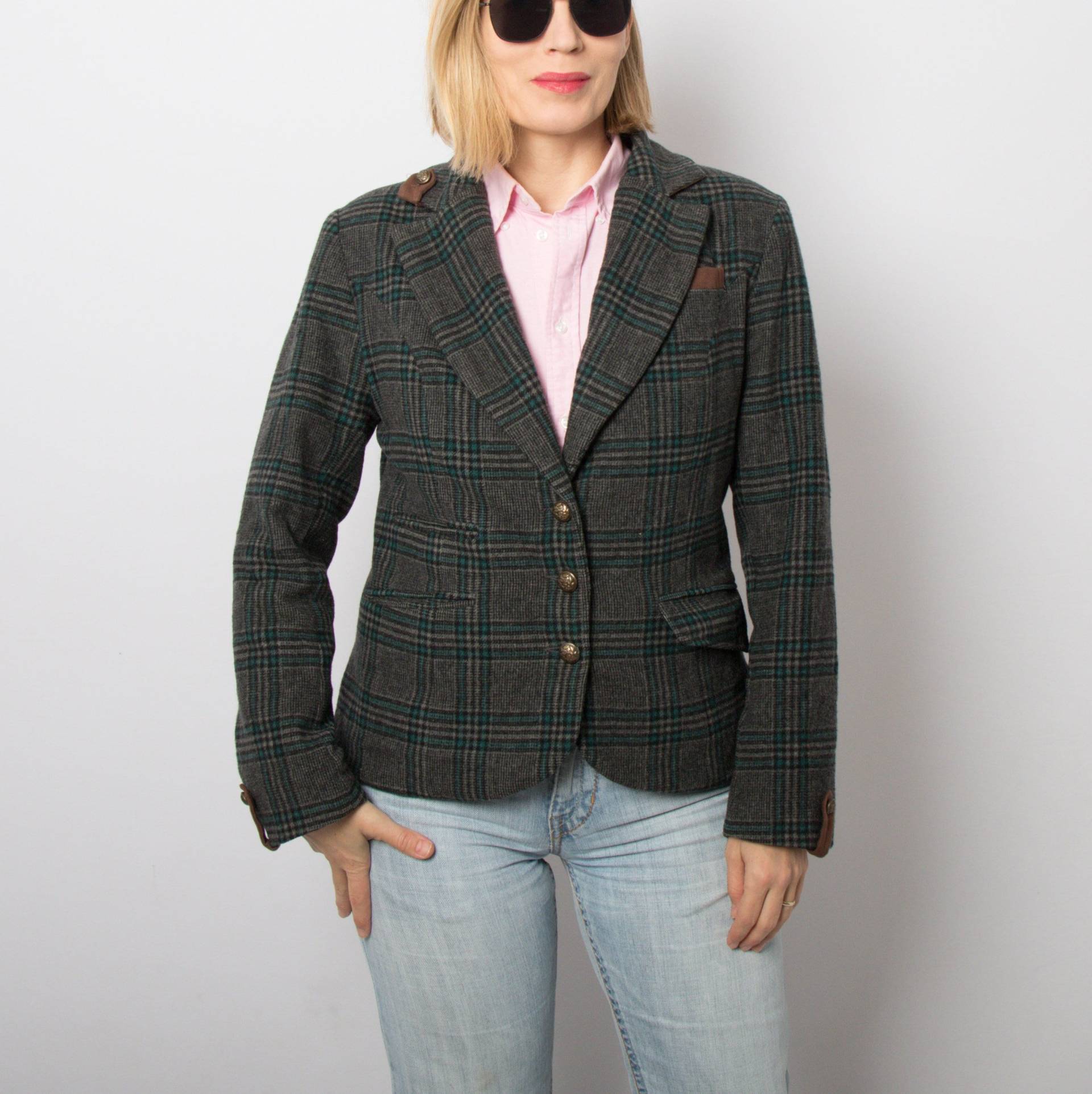 Vintage Karierter Wollblazer Damen Blazer Abgeschnittene Karierte Jacke Reiterjacke Mittlerer Größe Geschenk von VintageNr5