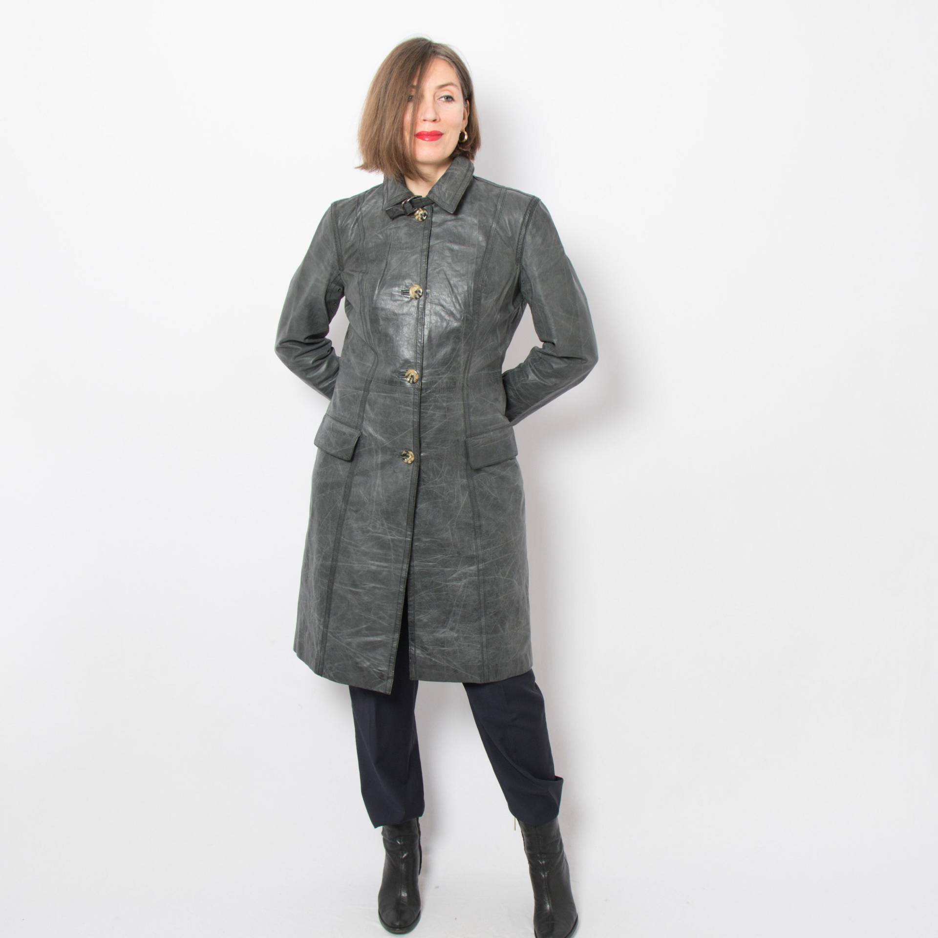 stefanel Grauer Leder Trenchcoat Damen Duster Medium Size Auch Geschenk Für Freundin Frau von VintageNr5