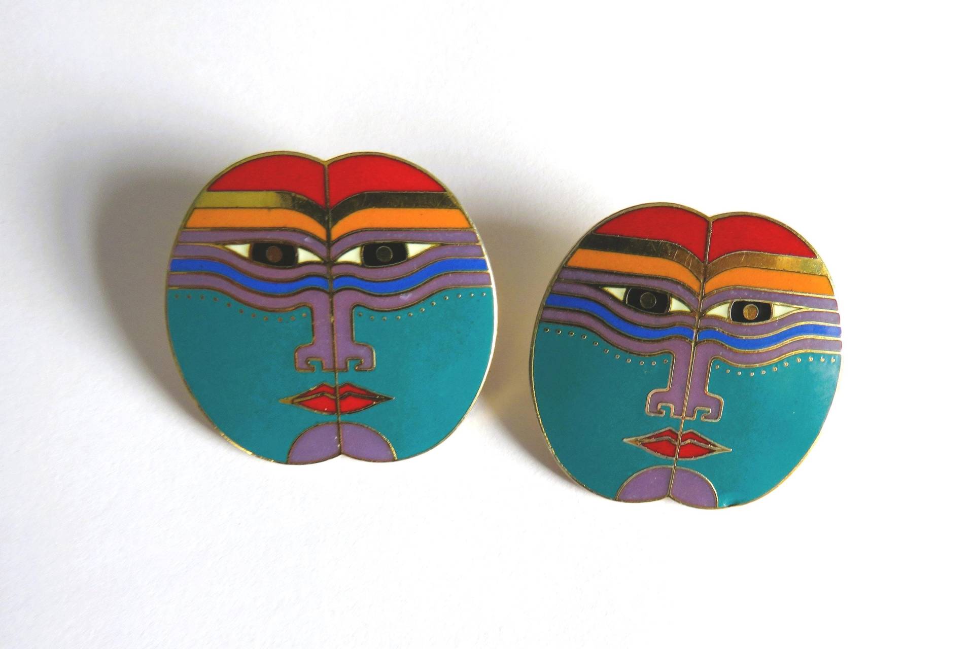 Laurel Burch Mondgott Ohrstecker Türkis Rot Lila Goldfarben Blau, Große Statement Vollmond 1 1/4 "Durchmesser Laurel Burch Mondgott Ohrstecker Türkis Rot Lila Goldfarben Blau, Große Statement Vollmond 1 1/4 "Durchmesser von VintageOak