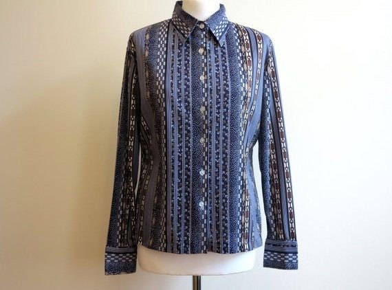 Dunkelblaue Bluse Navy Kette Anker Print Jersey Langarm Damen Shirt Großformat von VintageOffer