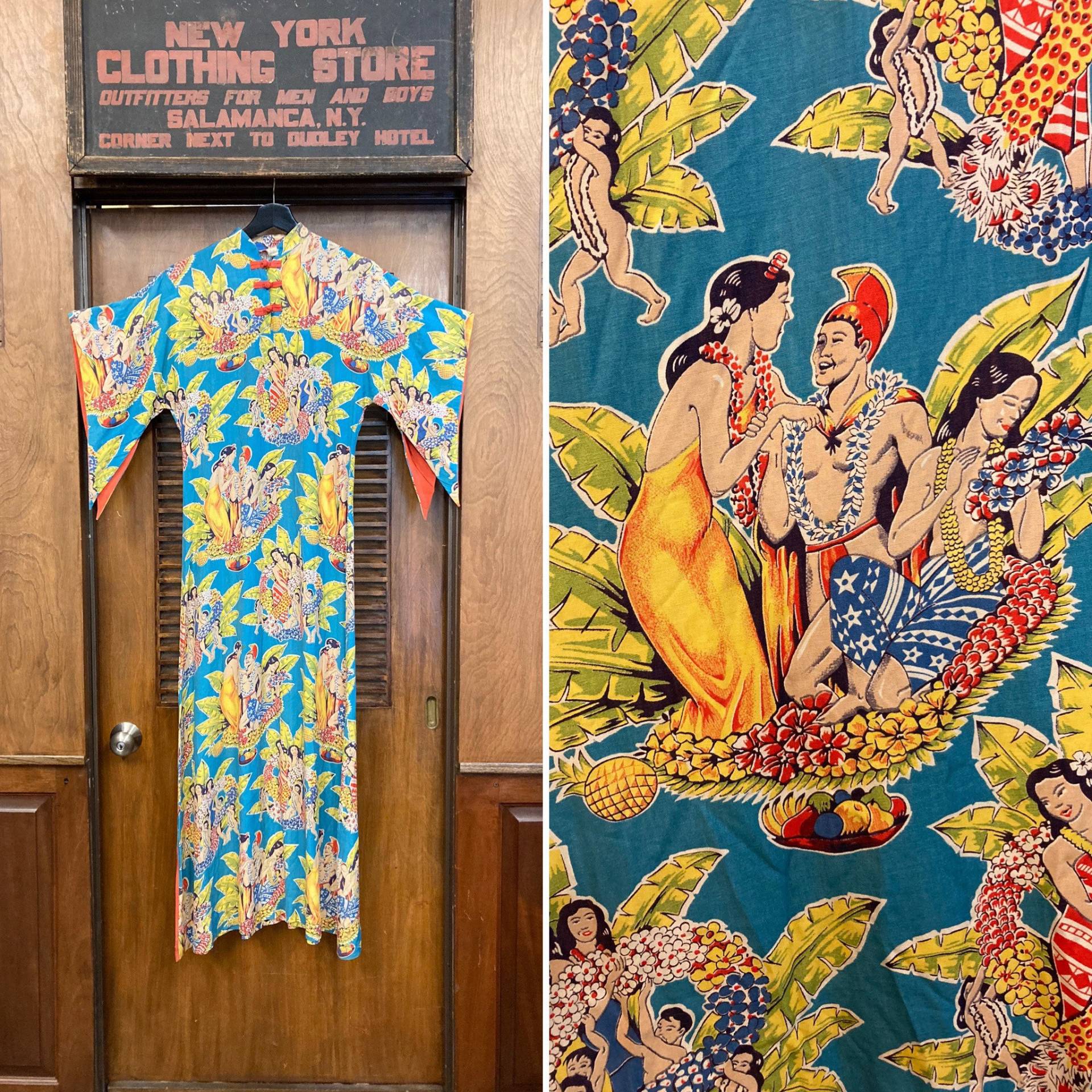 Vintage 1940Er Eugene Savage Hula Girl Rayon Pake Muu Batwing Hawaiian Kleid, Muu, Tiki Sleeve von VintageOnHollywood