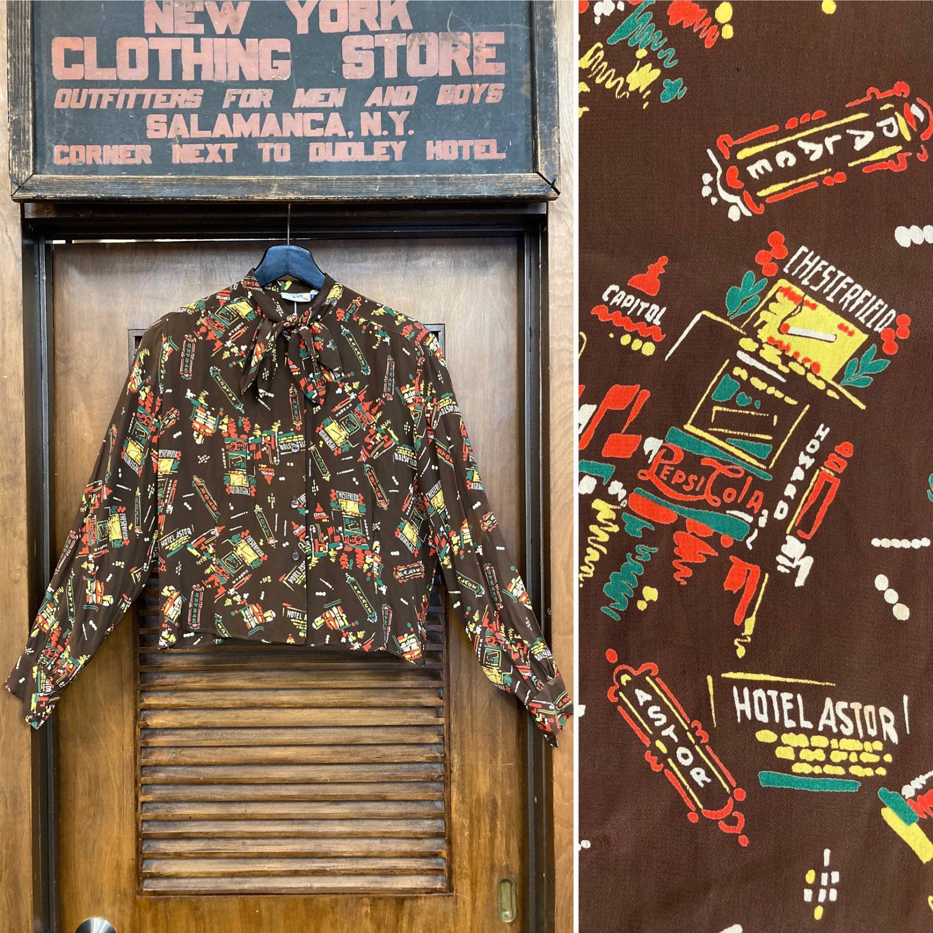 Vintage 1940Er Nyc Times Square Atomic Novelty Rayon Deco Bluse Top, Print, Bluse, Jahre Shirt, Pepsi Cola von VintageOnHollywood