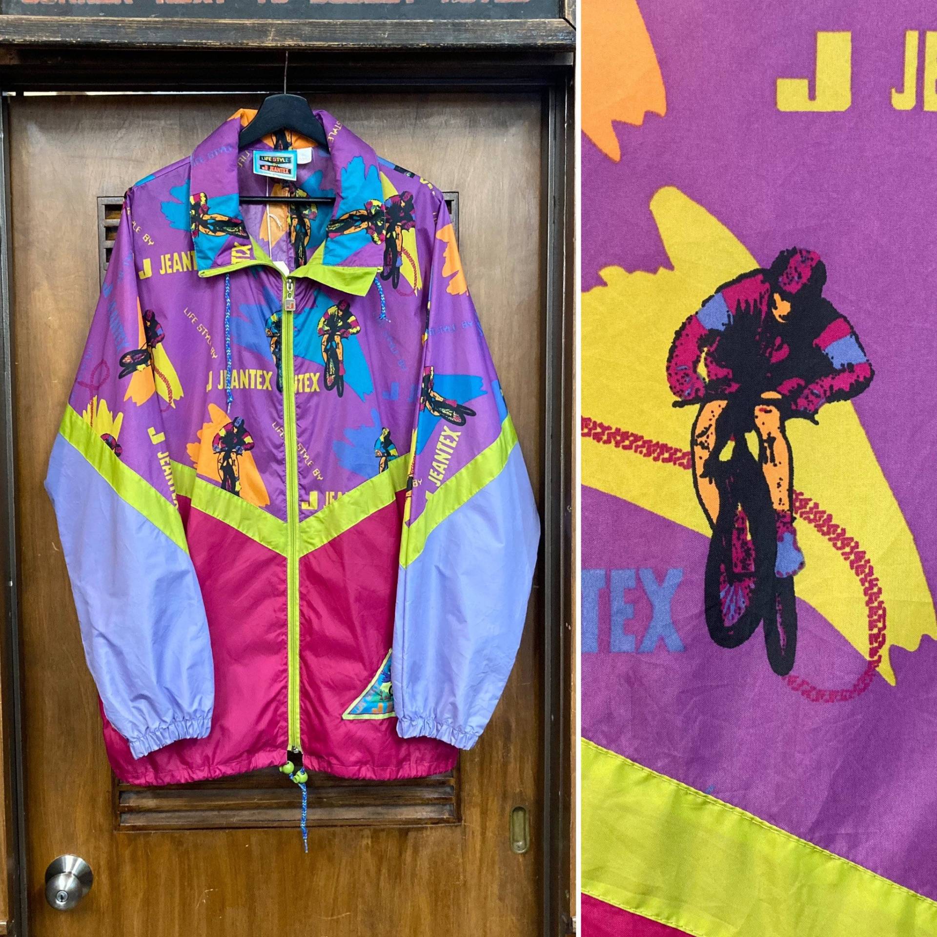 Vintage 1980Er Größe Xl New Wave Neon Radfahrer Druck Windbreaker Jacke, 80Er Kapuzenjacke, Kleidung von VintageOnHollywood