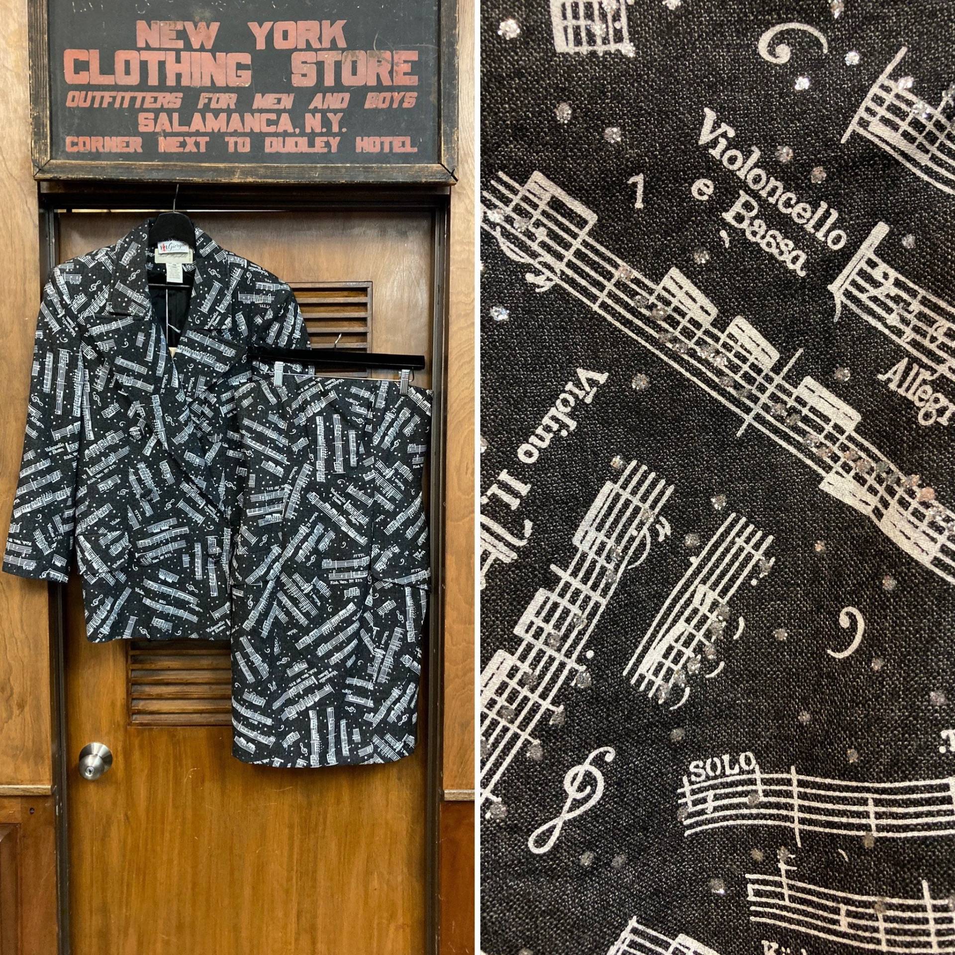 Vintage 1980Er Karl Lagerfeld Musik Note Print Zweiteiliges Doppelbrust Outfit Kleid, Kleid Set, Zweiteiler, Jahre Musiknote von VintageOnHollywood