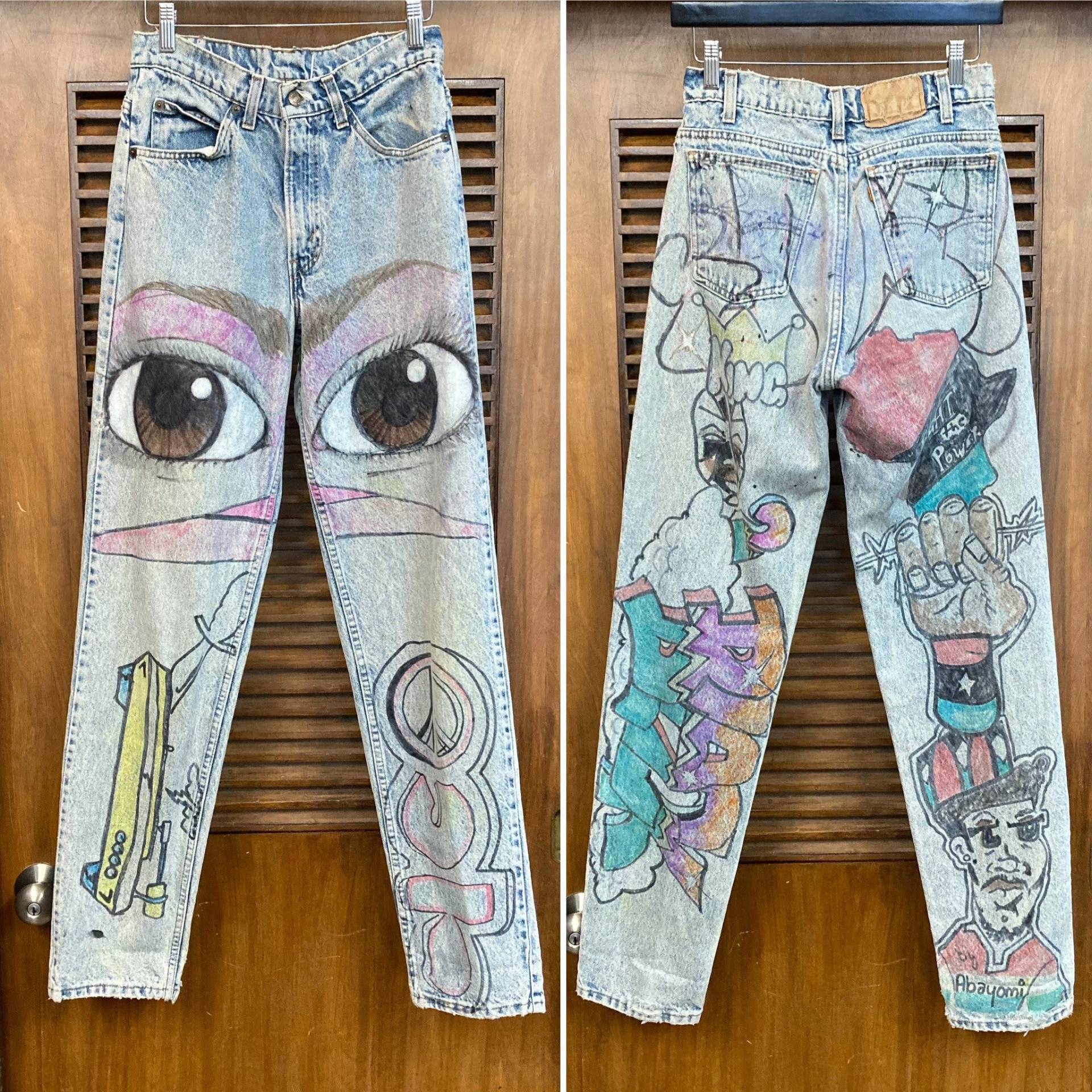 Vintage 1980Er Levi Es Artwork Eyeball Hip Hop Jeans Gemalt, W27, 80Er Orange Tabs, Kleidung von VintageOnHollywood