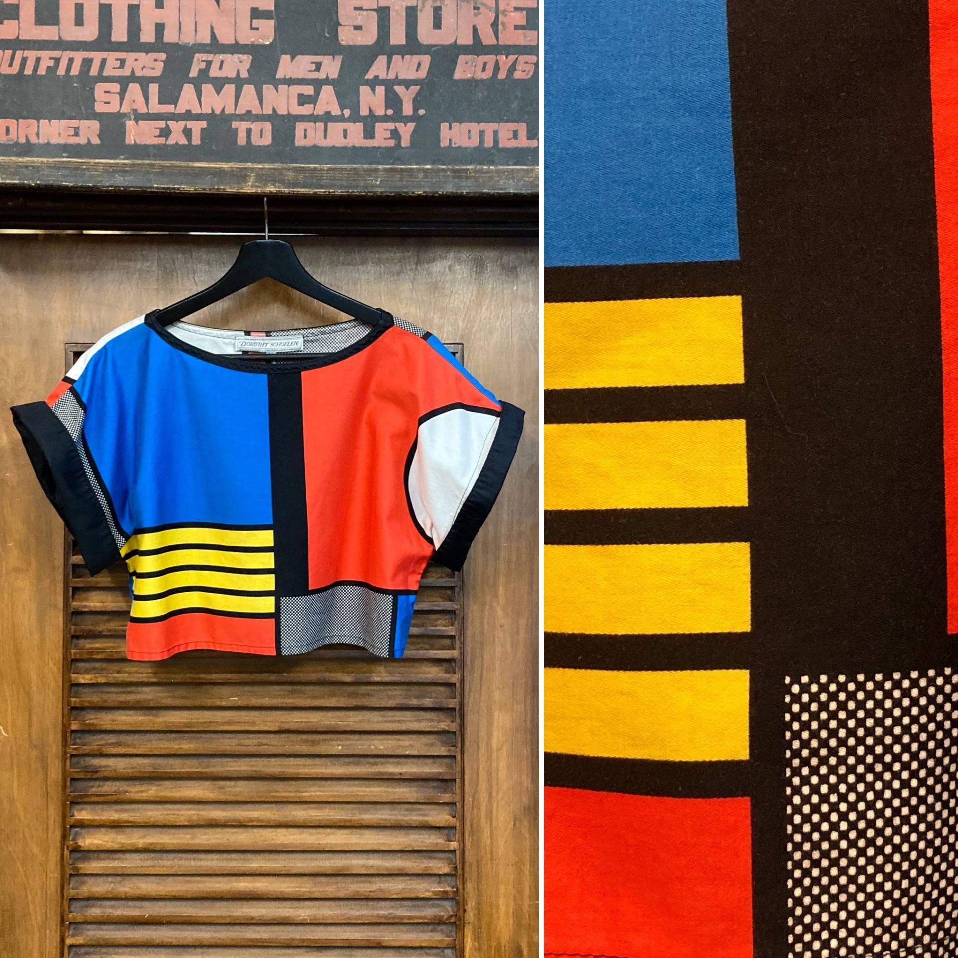 Vintage 1980Er Mondrian Stil New Wave Ära Baumwoll Shirt Top, 80Er Crop Mondrian, Kleidung von VintageOnHollywood
