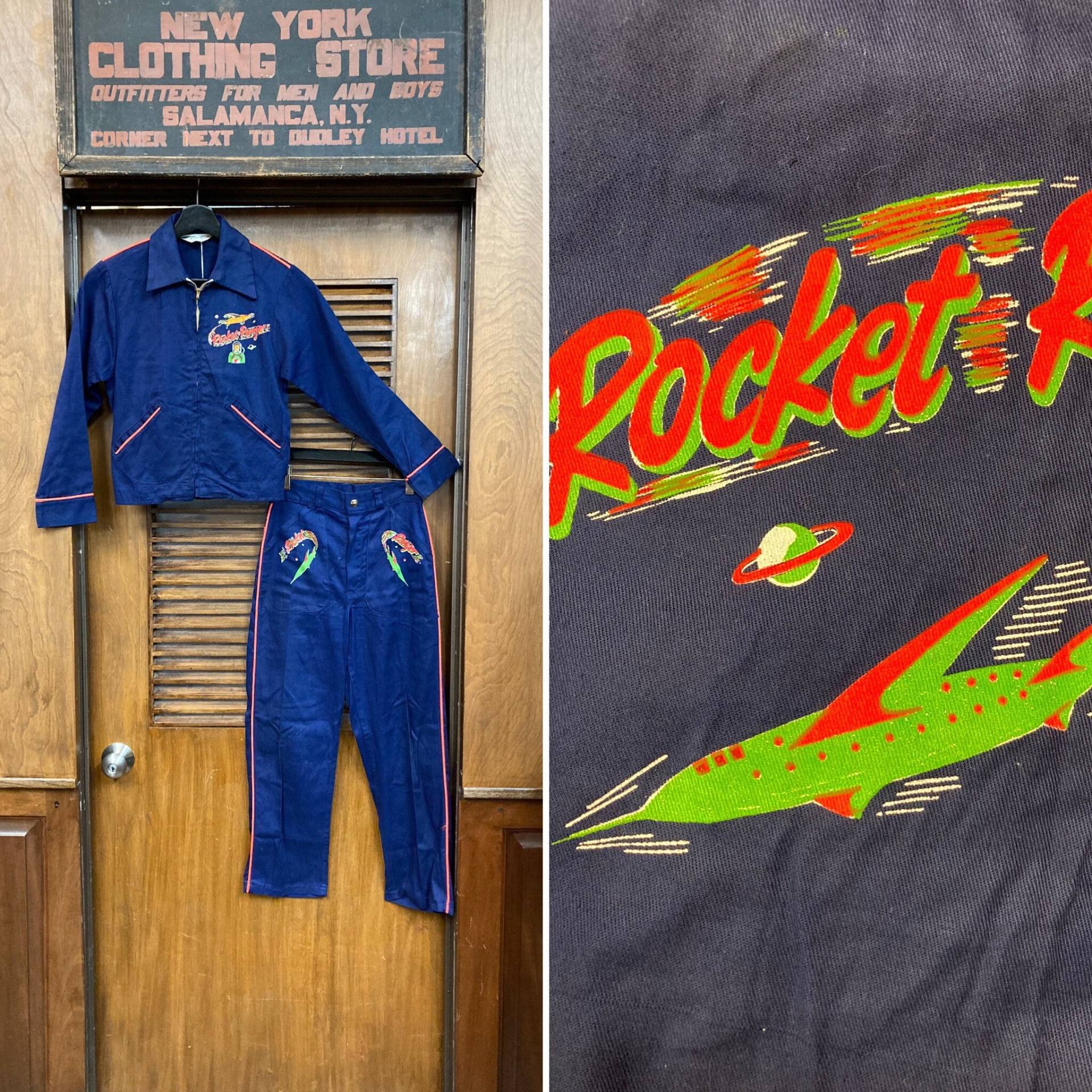 Vintage 50Er Jahre Deadstock Atomic Rocket Ranger Outer Space Rockabilly Jacken Hosen Set, Nos, Ranger, 1950Er Print von VintageOnHollywood