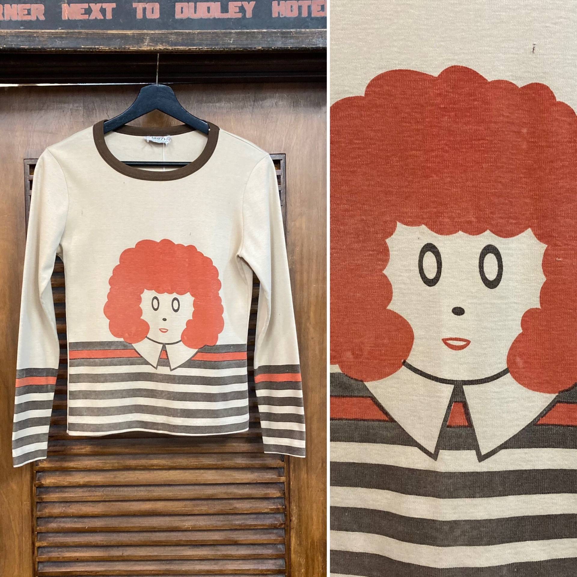 Vintage 60Er Jahre "Orphan Annie" Glam Mod Pop Art Strick Langarm T-Shirt, Kleidung von VintageOnHollywood