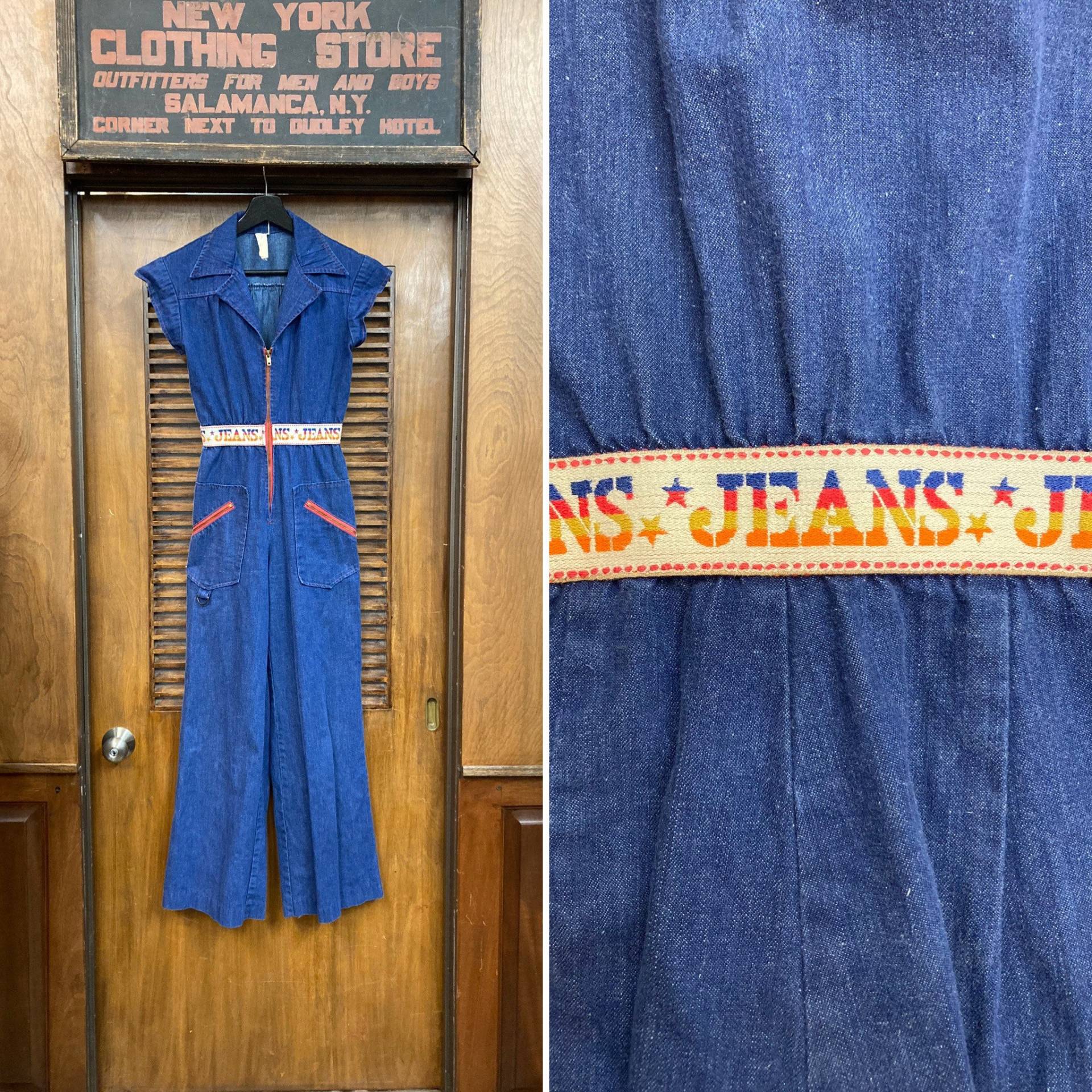 Vintage 60Er Jeans Pop Art Roller Rink Flare Jumpsuit Outfit, Denim Jumpsuit, Art, 1960Er, 1970Er Jahre, Rink, Disco von VintageOnHollywood