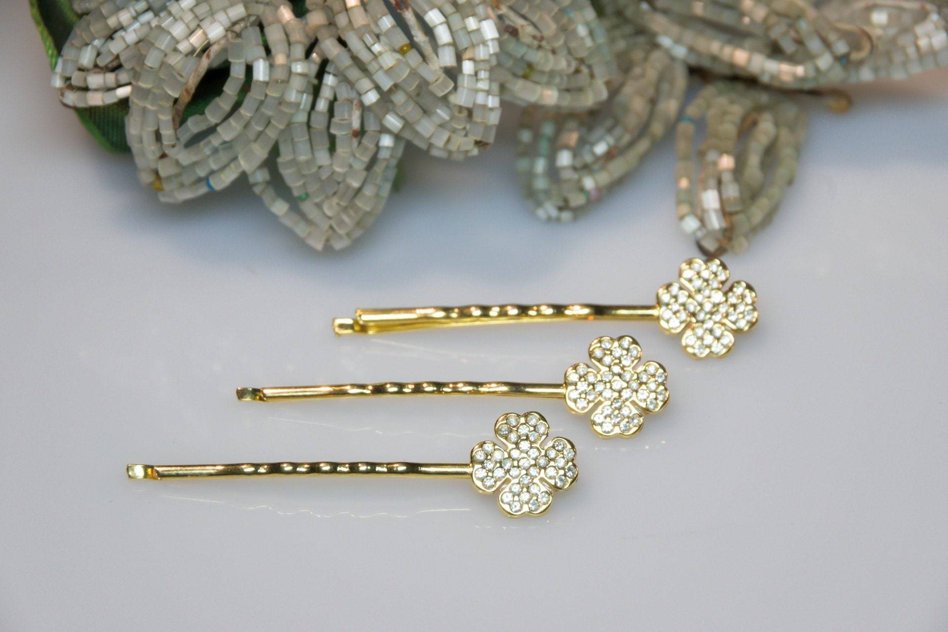 3 Pcs. Barrette Bobby Pin, Hair Clip Rhinestone, Cloverleaf Shape, Vintage Jewelry - Haarclip Haarklammer Mit Strass Steinen Shamrock von VintageOrganaut