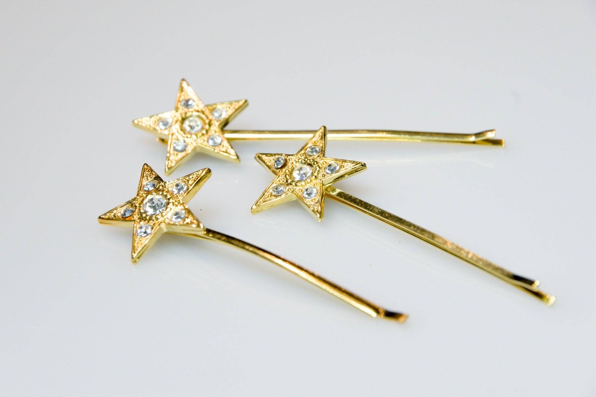 3 Pcs. Barrette Bobby Pin, Hair Clip Rhinestone, Star Shape, Vintage Jewelry - Haarclip Bzw. Haarklammer Mit Strass Steinen Besetzt von VintageOrganaut