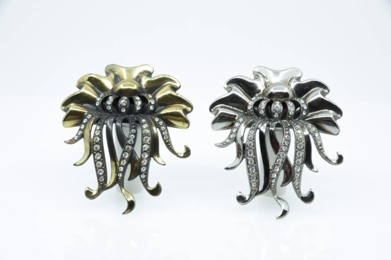 Enchanting Brooches Floral Shape Gold & Silver Tone Set With Crystal Clear Rhinestones Ornamental Pattern Large Brooch von VintageOrganaut