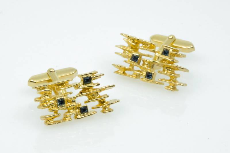 Manschettenknöpfe 70Er Jahre 18K Vergoldet Mit Drei Blauen Steinen Carre-Schliff Jahrgang 1960-70 Couturier Modernist Cufflinks Dapper von VintageOrganaut