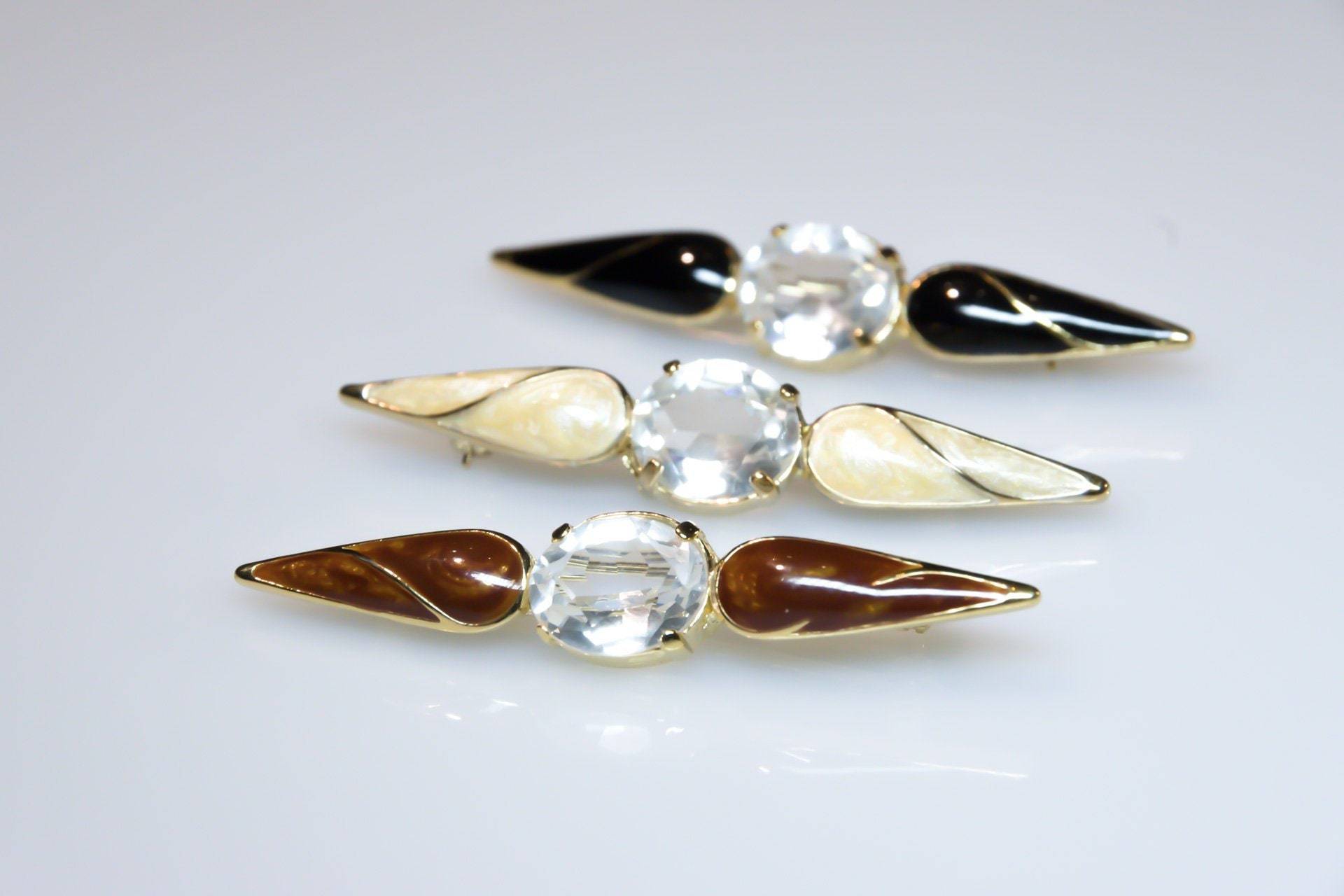 Vintage Broschen 80Er Jahre Emailliert Mit Großem Glas Stein Schwarz Braun Cream - Bar Pin Set Brooch Enamelled 80S Rhinestone von VintageOrganaut