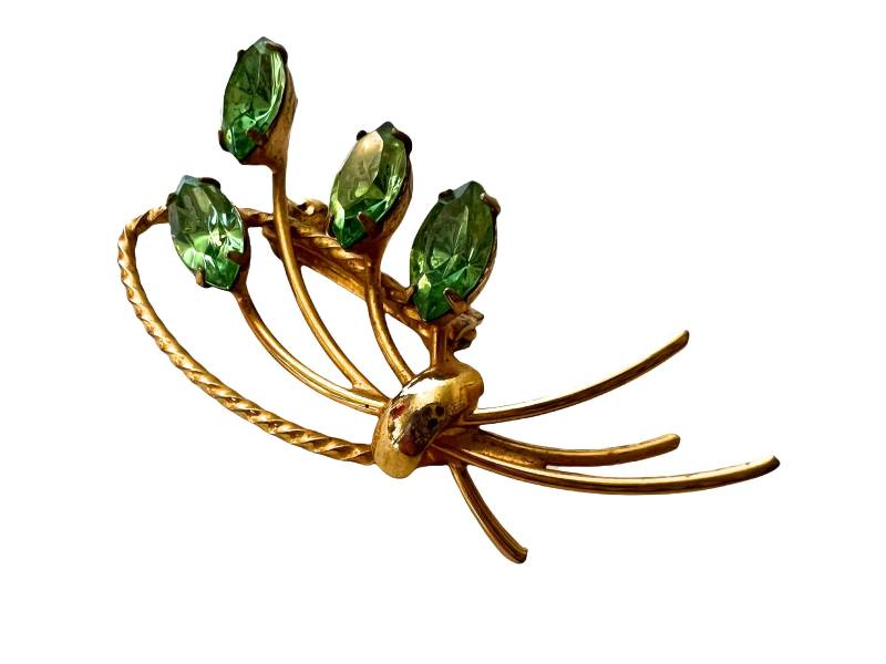 Mid Century Grüne Blumen Brosche ~ Art Deco Floral Pin Hollywood Regency Ära Statement Stück Grüner Stein von VintageParamour