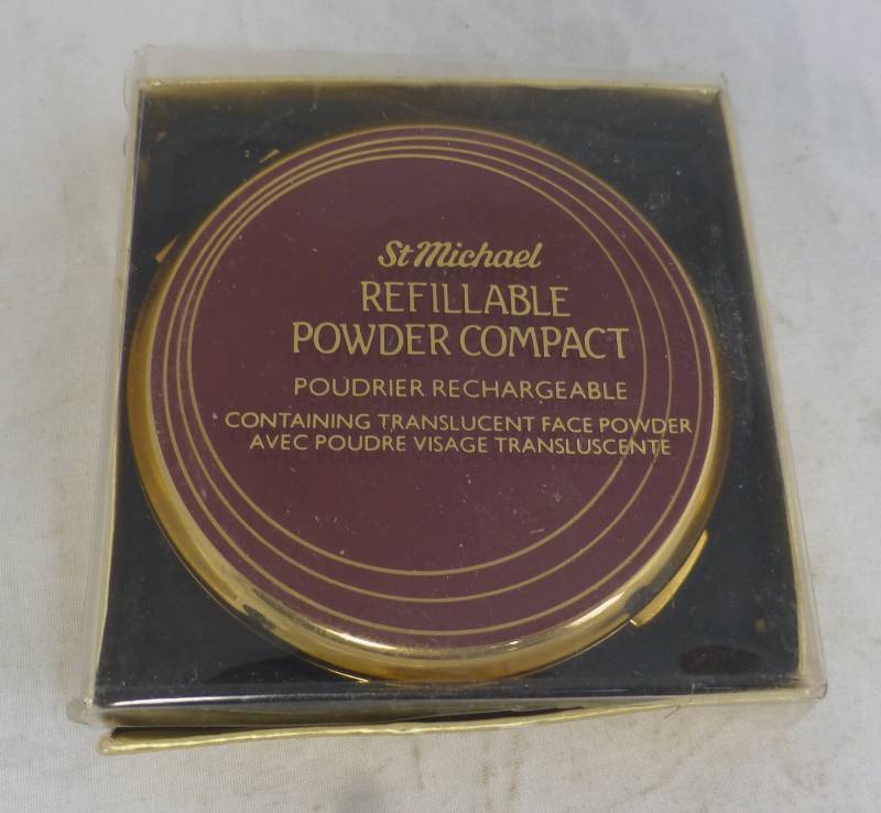 Vintage St Michael Boxed Unbenutzte Nachfüllbare Goldfarbe & Rote Emaille Puderdose Kompakt/Make-Up-Spiegel Mit Schwarzem Beutel von VintagePeatCottage