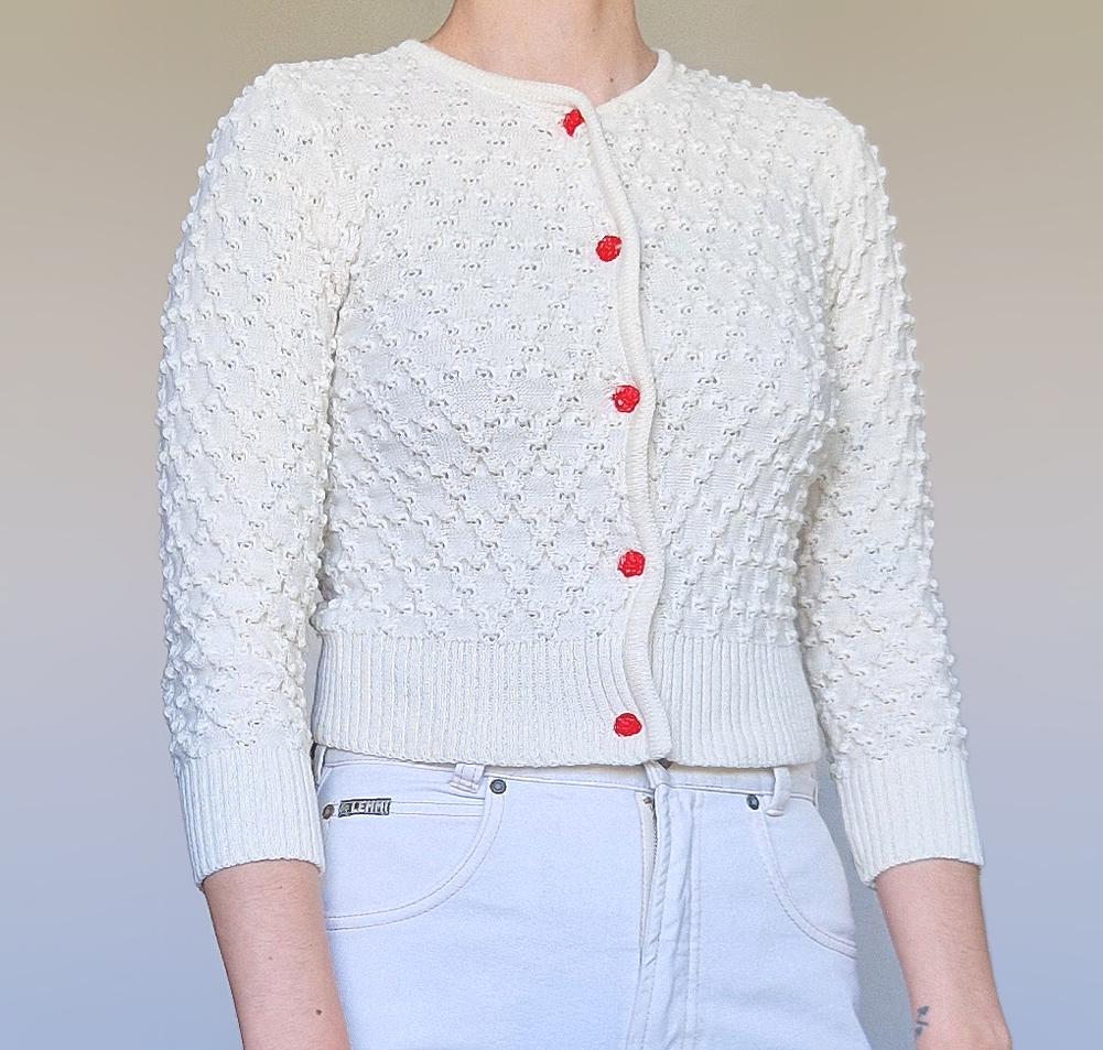 Vintage 60Er Macht 40Er Jahre Dirndl Popcorn Strickjacke Cottage Kern Elfenbein Weiß Wolle Wolljacke Cardigan Größe S/M Made in Germany von VintagePillaging
