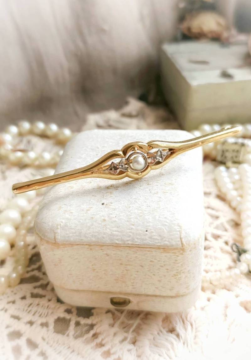 Schöne Französisch Antike 18K Gold Edwardian Brosche Mit Perle Und Diamanten, Massivgold Krawattennadel, Vintage Hochzeit, Geschenk Für Sie Oder Ihn Schöne Französisch Antike 18K Gold Edwardian Brosche Mit Perle Und Diamanten, Massivgold Krawattennadel, Vintage Hochzeit, Geschenk Für Sie Oder Ihn von VintagePourquoiPas
