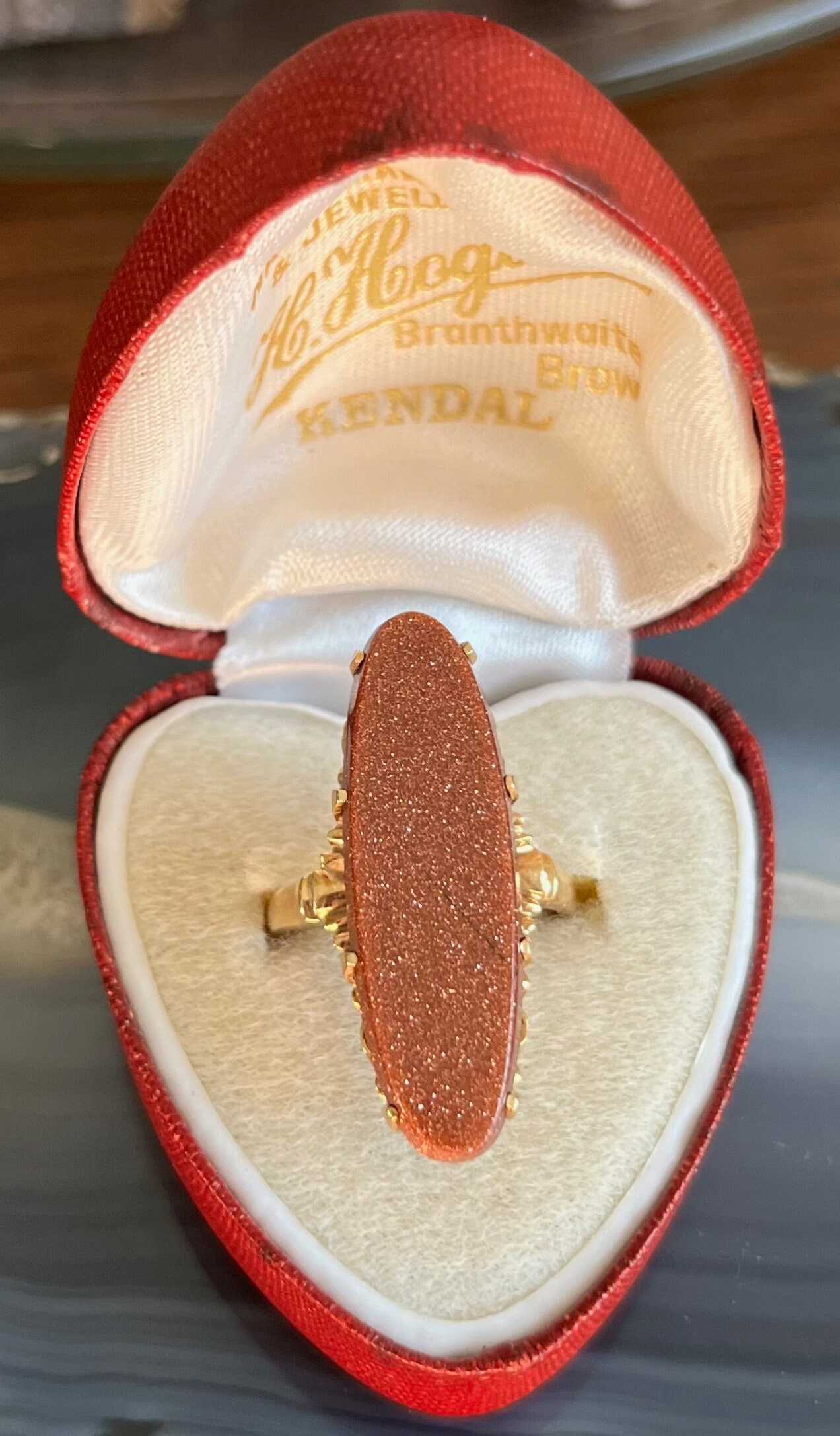 Antiker Edwardian 10K Gold Ultra Langer Oval Navette Goldstone Stil Damenring von VintagePrairieGems
