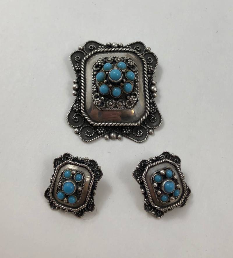 Vintage Israel 925 Sterling Silber Und Türkis Bead Brosche Anhänger Ohrringe Set von VintagePrairieGems