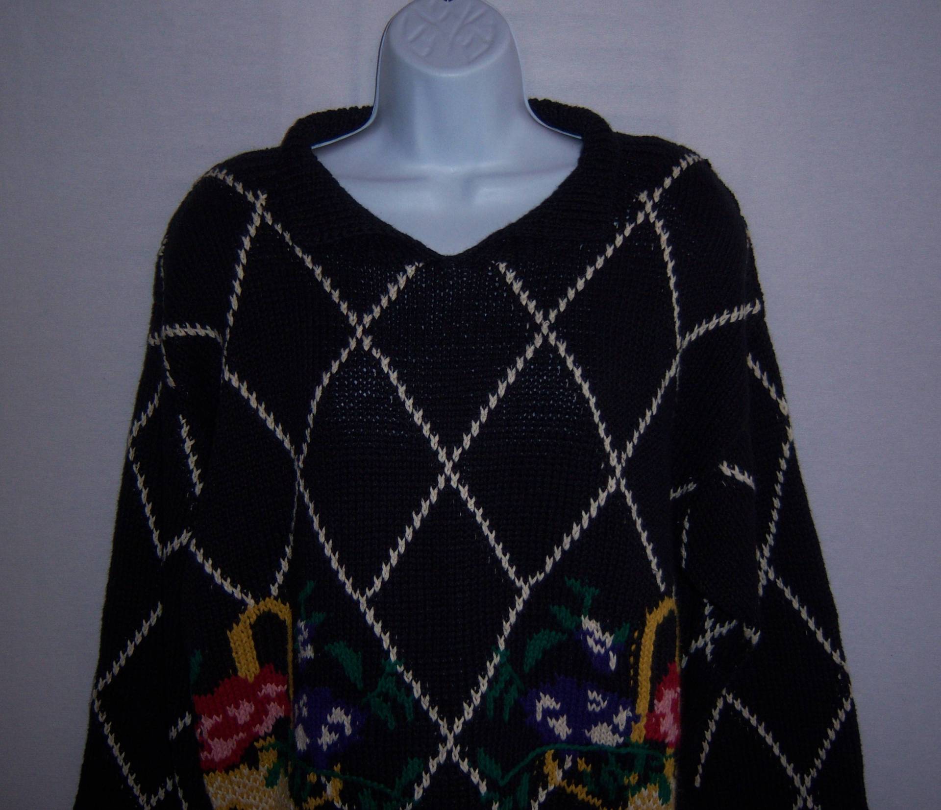 Jahrgang Camebitan Spirit Dunkel Marine Blau Lila Grün Gitter Blumen Körbe Baumwolle Pullover Medium M Geschenk von VintagePrepGirl