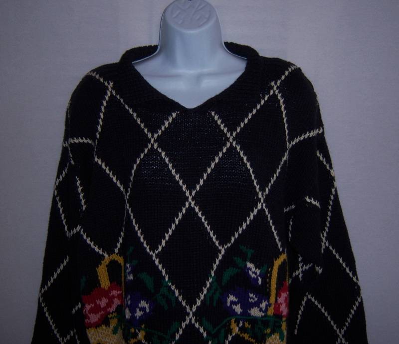 Jahrgang Camebitan Spirit Dunkel Marine Blau Lila Grün Gitter Blumen Körbe Baumwolle Pullover Medium M Geschenk von VintagePrepGirl