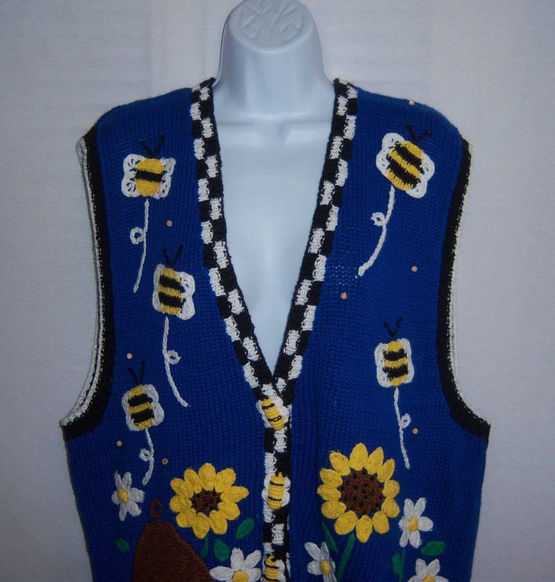 Vintage Bellepointe Blau Weiß Gelb Schwarz Honig Bienen Sonnenblumen Strick Baumwolle Ramie Pullover Weste Large L Ärmellos Deadstock Neu Mit von VintagePrepGirl
