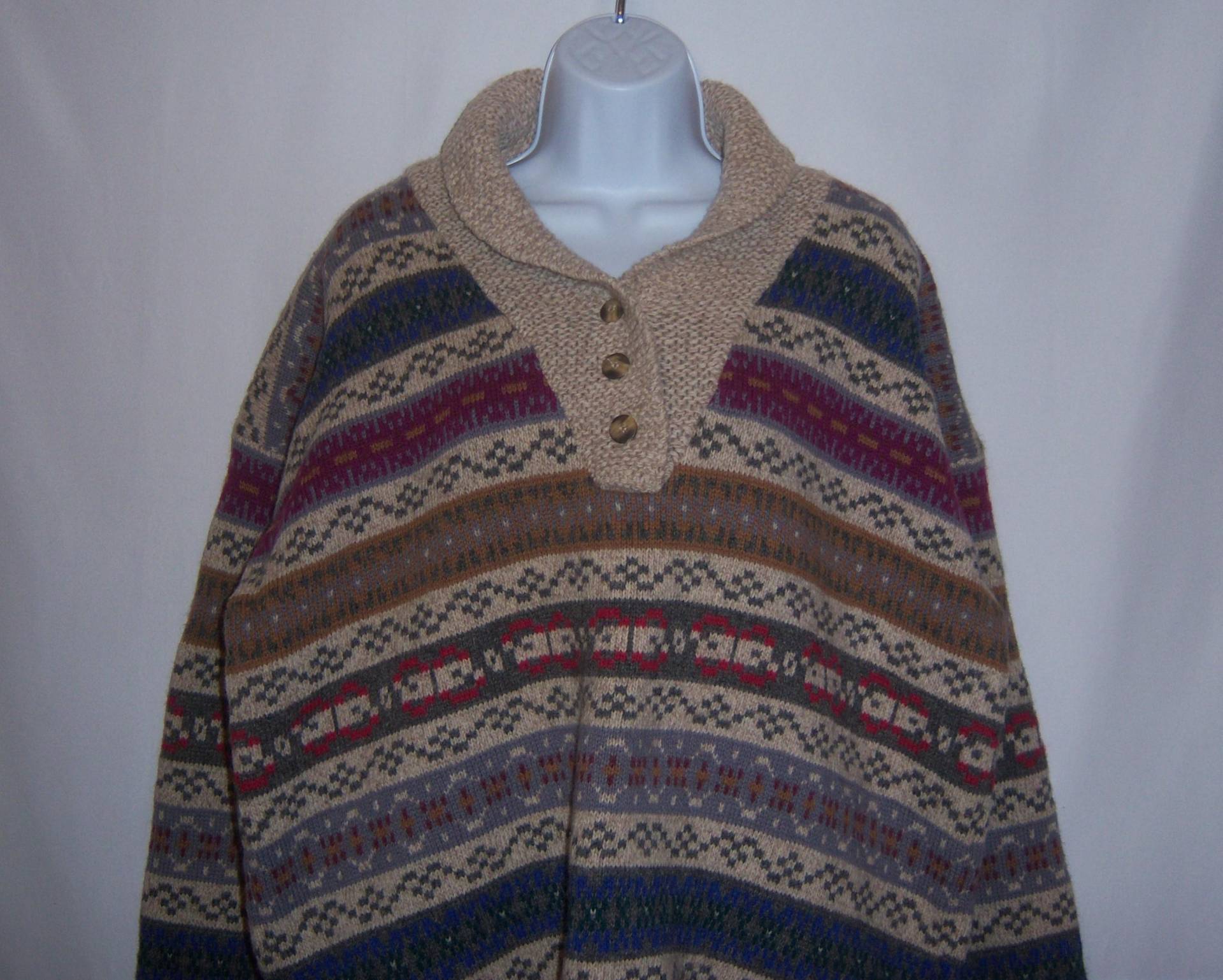 Vintage Eddie Bauer Ragg Wolle Lavendel Petrol Grün Taupe Braun Fair Isle Muster Schalkragen Pullover Große L von VintagePrepGirl