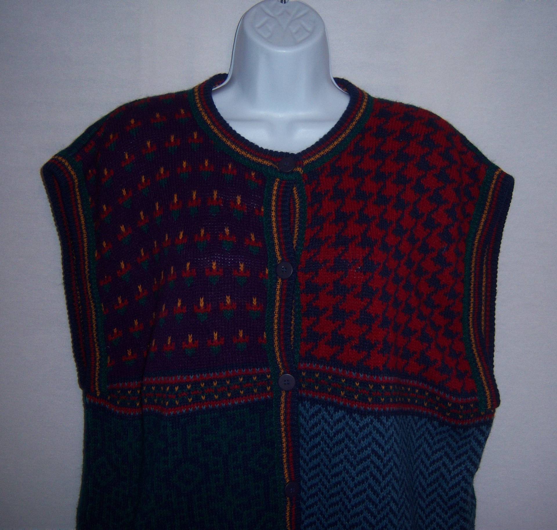 Vintage Hasting & Smith Navy Blau Rot Grün Hahnentritt Paisley Blumen Patchwork Muster Strickjacke Weste Extra Large Xl von VintagePrepGirl