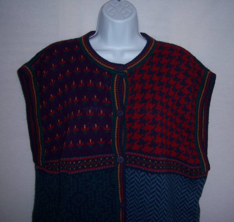 Vintage Hasting & Smith Navy Blau Rot Grün Hahnentritt Paisley Blumen Patchwork Muster Strickjacke Weste Extra Large Xl von VintagePrepGirl