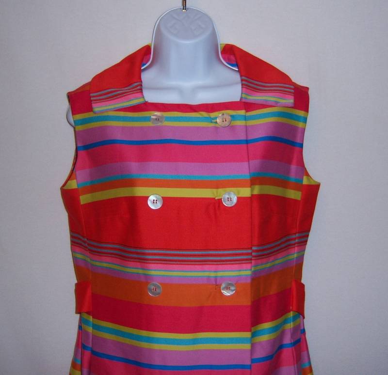 Vintage Irene Herberts Rot Türkis Gelb Grün Multi Gestreift Zweireiher Shift Day Kleid 12 14 Großes Geschenk von VintagePrepGirl