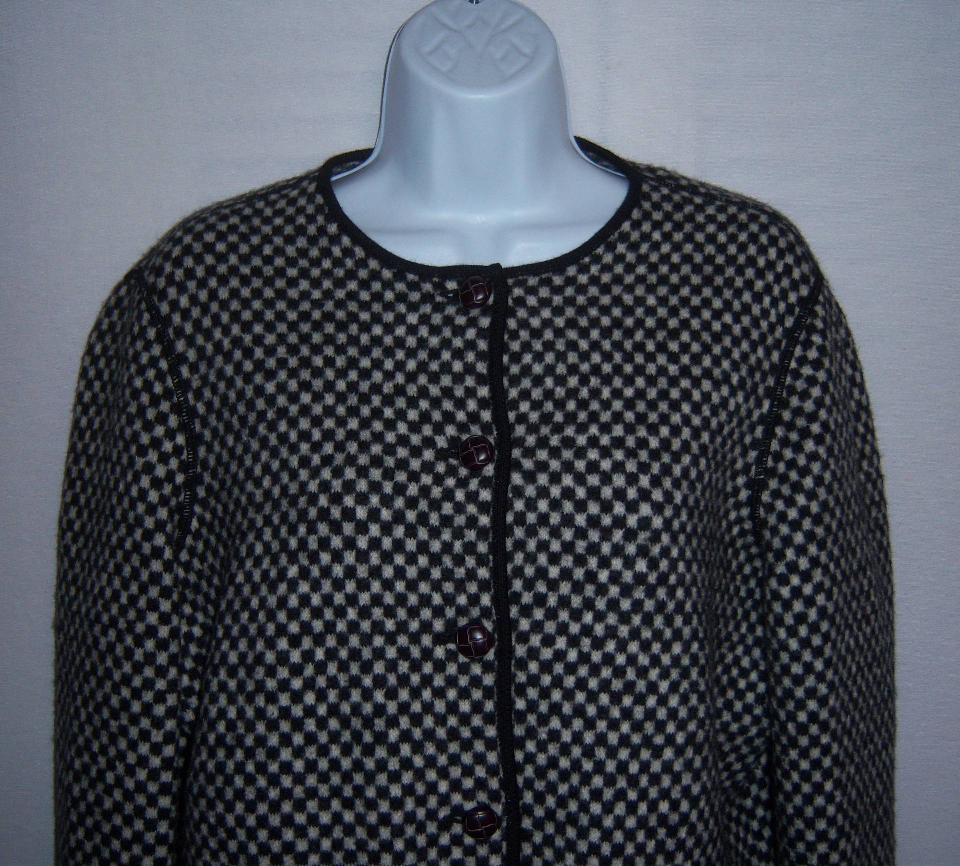 Vintage Lands "End Schwarz Weiß Schachbrett Muster Wolle Strickjacke Pullover Jacke 12 Mittel Groß Quadrat Kariert Geschenk von VintagePrepGirl