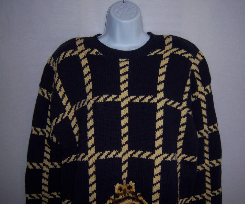 Vintage Marisa Christina Dark Navy Gelb Gold Crest Karierter Baumwollpullover Groß von VintagePrepGirl