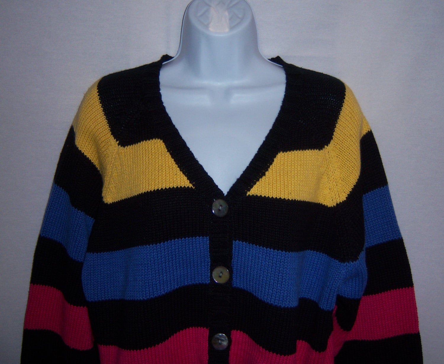 Vintage Marisa Christina Schwarz Pink Lime Grün Gelb Gestreift Streifen Baumwolle Cardigan Pullover Extra Large Xl Deadstock Neu Mit Etikett von VintagePrepGirl