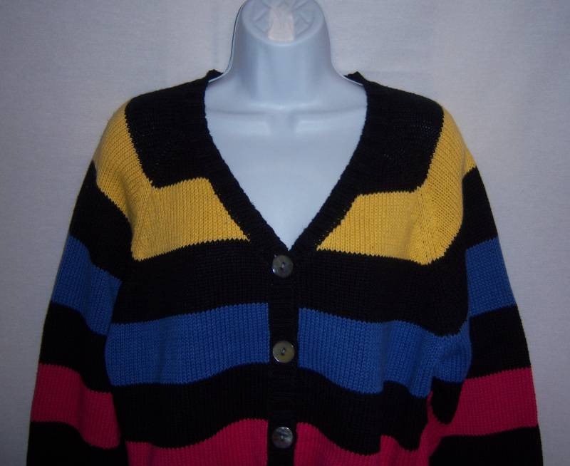 Vintage Marisa Christina Schwarz Pink Lime Grün Gelb Gestreift Streifen Baumwolle Cardigan Pullover Extra Large Xl Deadstock Neu Mit Etikett von VintagePrepGirl