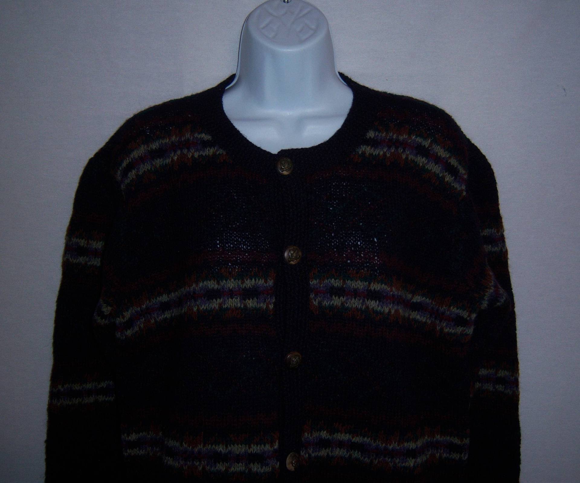 Vintage Polo Ralph Lauren Schwarz Lila Braun Grün Grau Fair Isle Muster Wolle Handstricken - Cardigan Pullover Große Blau Label von VintagePrepGirl
