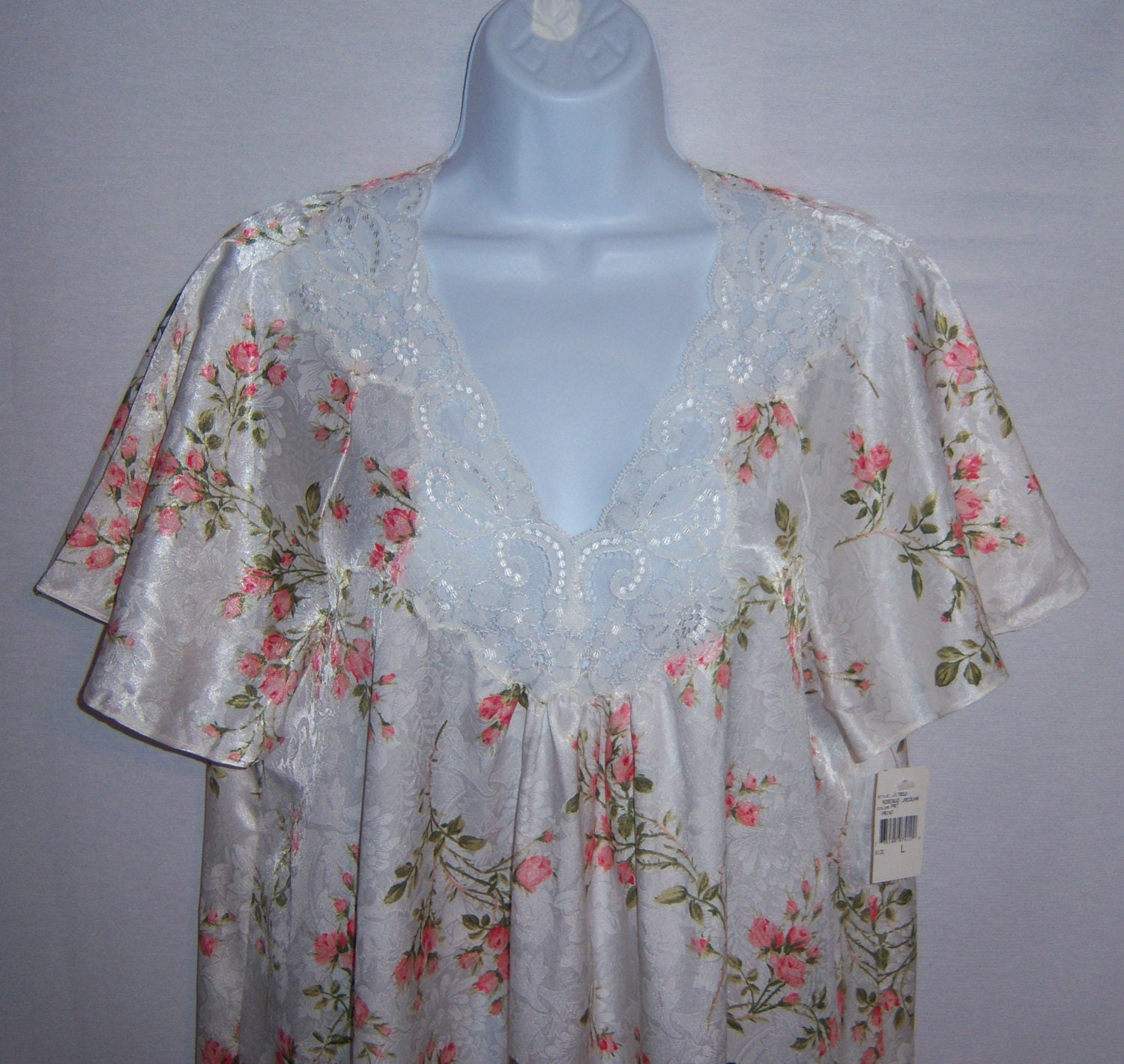 Vintage Stillman Elfenbein Spitze Rosa Rosen Rose Blumen Damast Nachthemd Chemise Kleid Peignoir Groß Schlafen Nos Deadstock Neu Mit Etikett von VintagePrepGirl