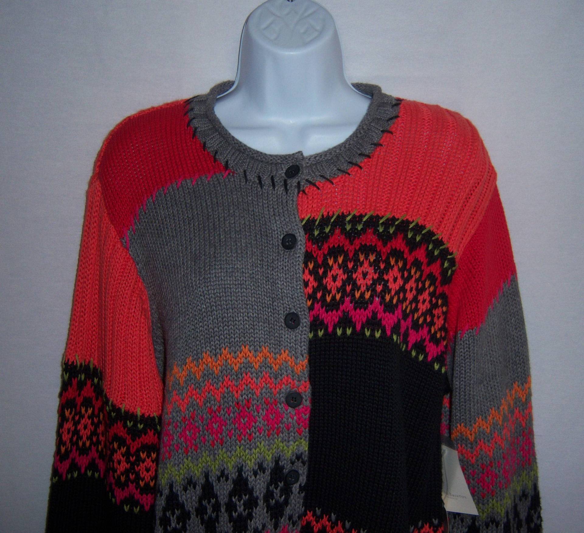 Vintage Susan Bristol Schwarz Grau Orange Pink Patchwork Baumwollmischung Strickjacke Extra Large Xl Deadstock Nos Neu Mit Etikett von VintagePrepGirl