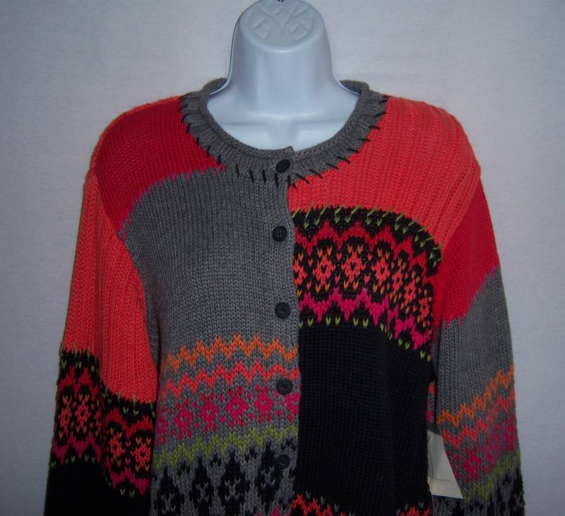 Vintage Susan Bristol Schwarz Grau Orange Pink Patchwork Baumwollmischung Strickjacke Extra Large Xl Deadstock Nos Neu Mit Etikett von VintagePrepGirl