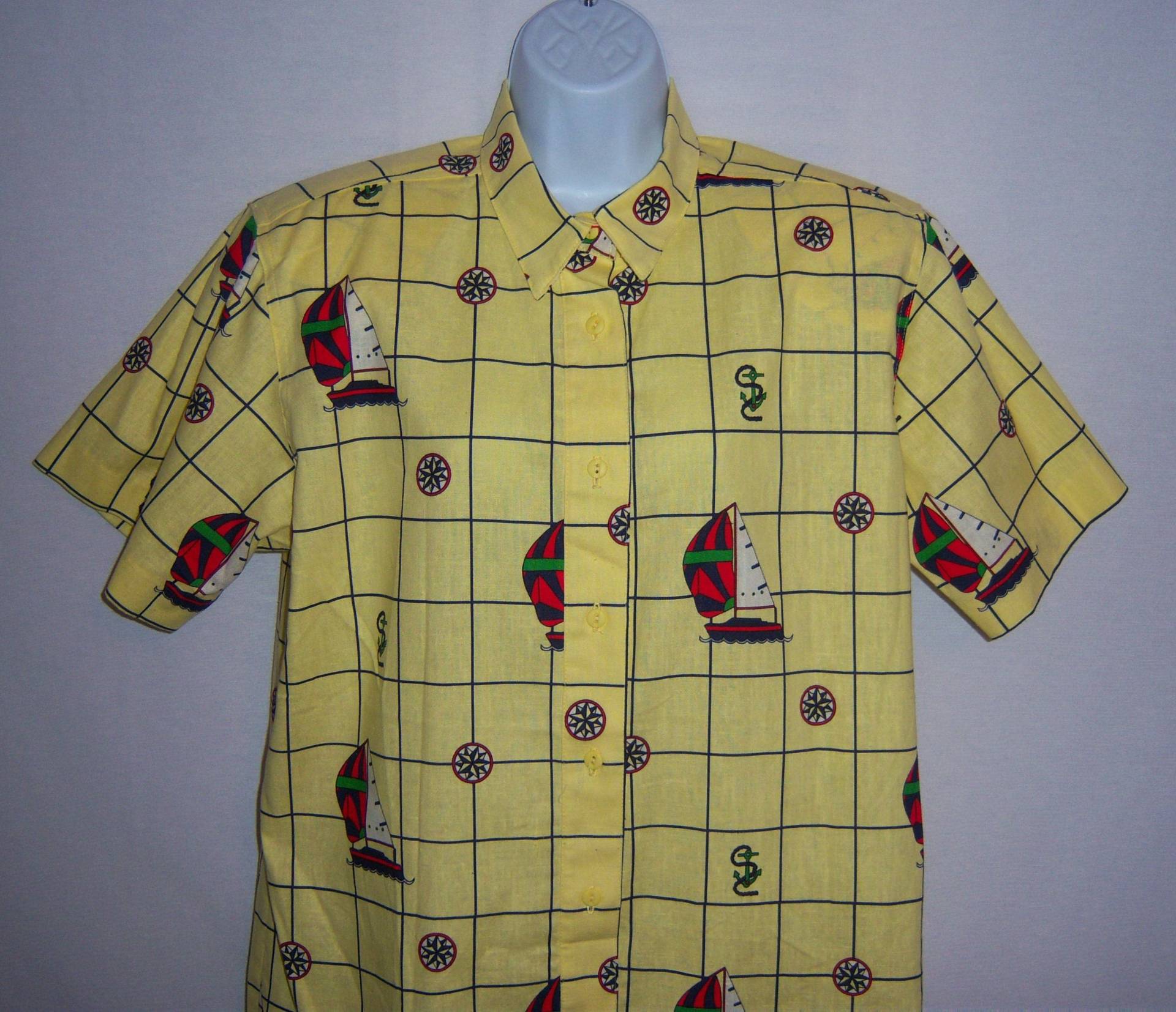 Vintage Traditionelle Handels Co. Gelb Blau Rot Grün Segelboot Tattersall Print Baumwoll-Hemd Bluse 10 Medium Deadstock Nos Nwt Regatta von VintagePrepGirl