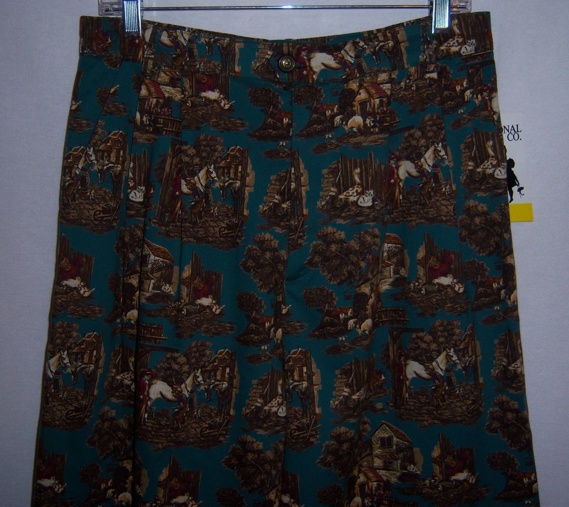 Vintage Traditionelle Handels-Co. Grün Braun Pferd Toile Reiter Print Baumwolle Bermuda Walking Shorts 14 Deadstock Nos Neu Mit Etikett Englisch von VintagePrepGirl