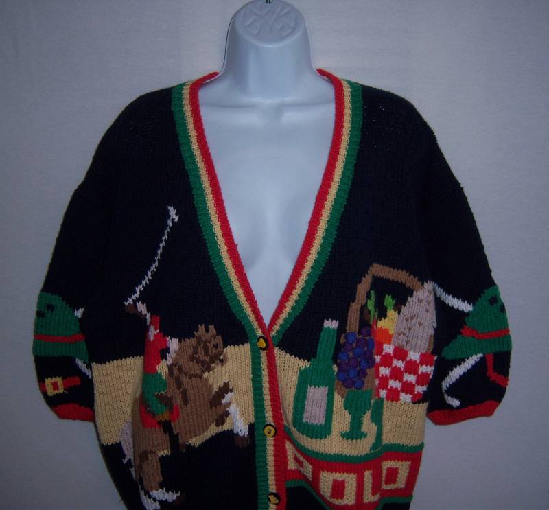 Vintage Traditionelle Handels Co. Handgestrickt Marine Blau Rot Grün Polo Ponies Reiter Motiv Baumwolle Pullover Extra Groß Xl Deadstock Neu Mit von VintagePrepGirl