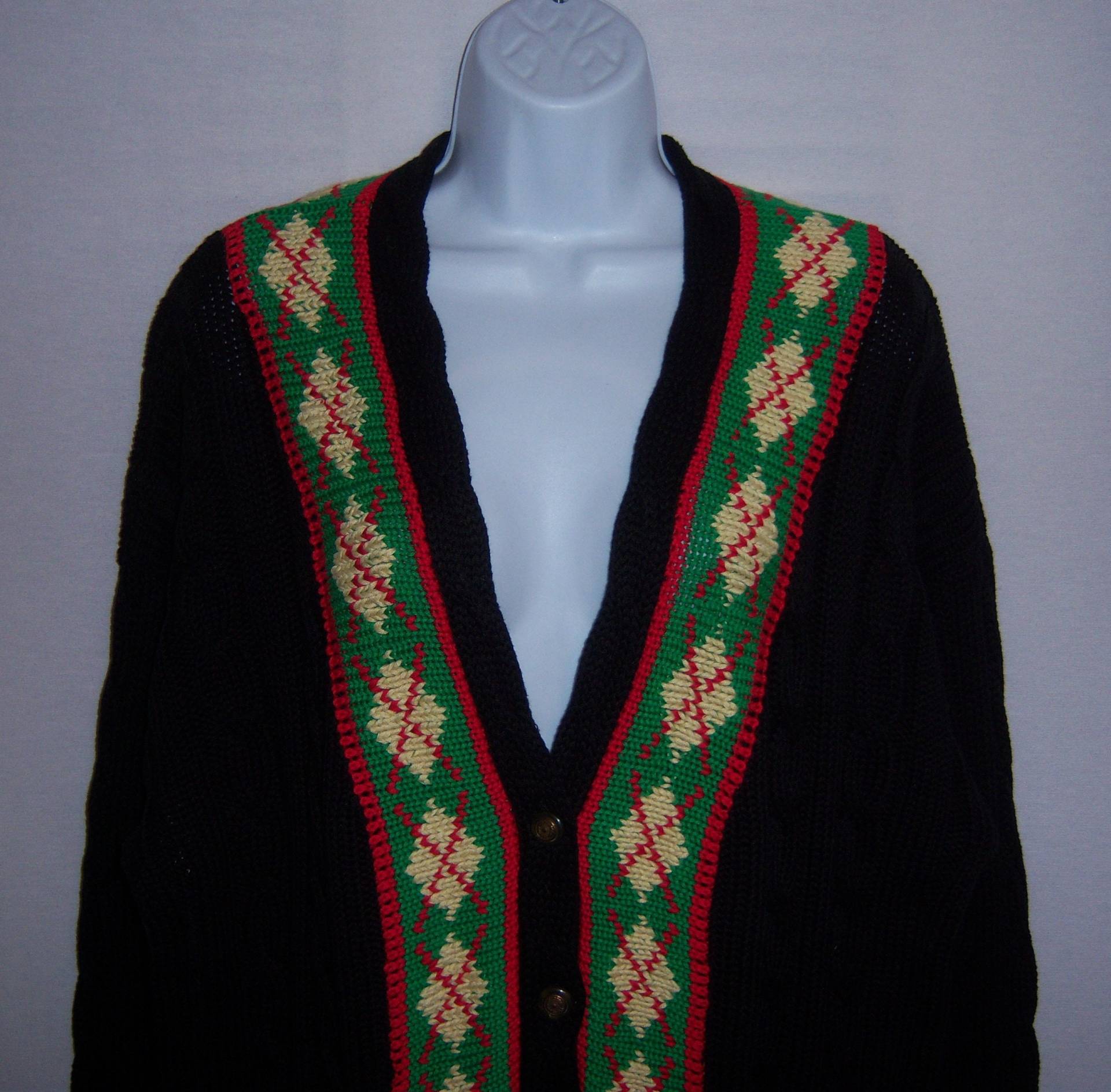Vintage Traditionelle Handels Co. Handgestrickt Schwarz Grün Rot Gelb Argyle Zopfmuster Baumwolle Pullover Extra Groß Xl Deadstock Neu Mit Etikett von VintagePrepGirl